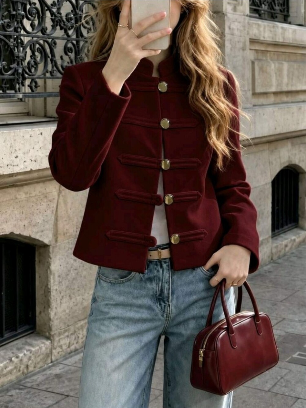 Fall New In Soft Button Loop Detail Commuter Burgundy French Vintage